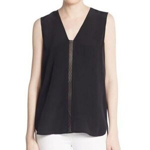 VINCE Silk Dye Cut Leather Strip Black Tank Sz XS